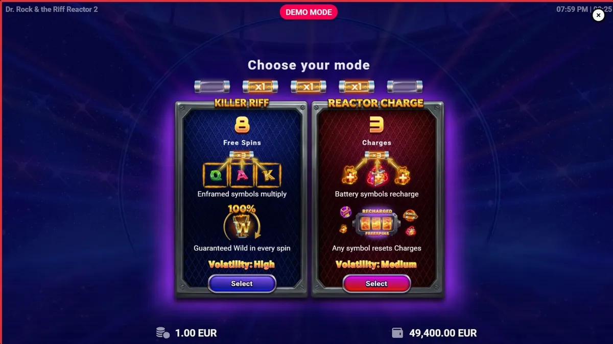 Dr. Rock & the Riff Reactor 2 slot game screen with neon rock concert theme