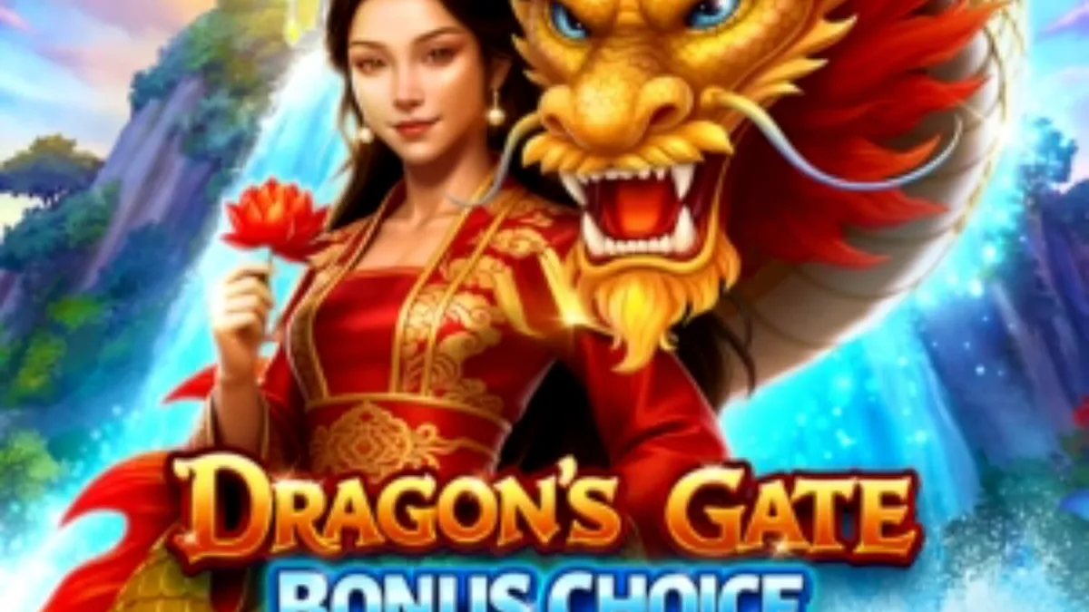 Tampilan visual slot Dragon’s Gate Bonus Choice dengan tema naga dan elemen keberuntungan Asia