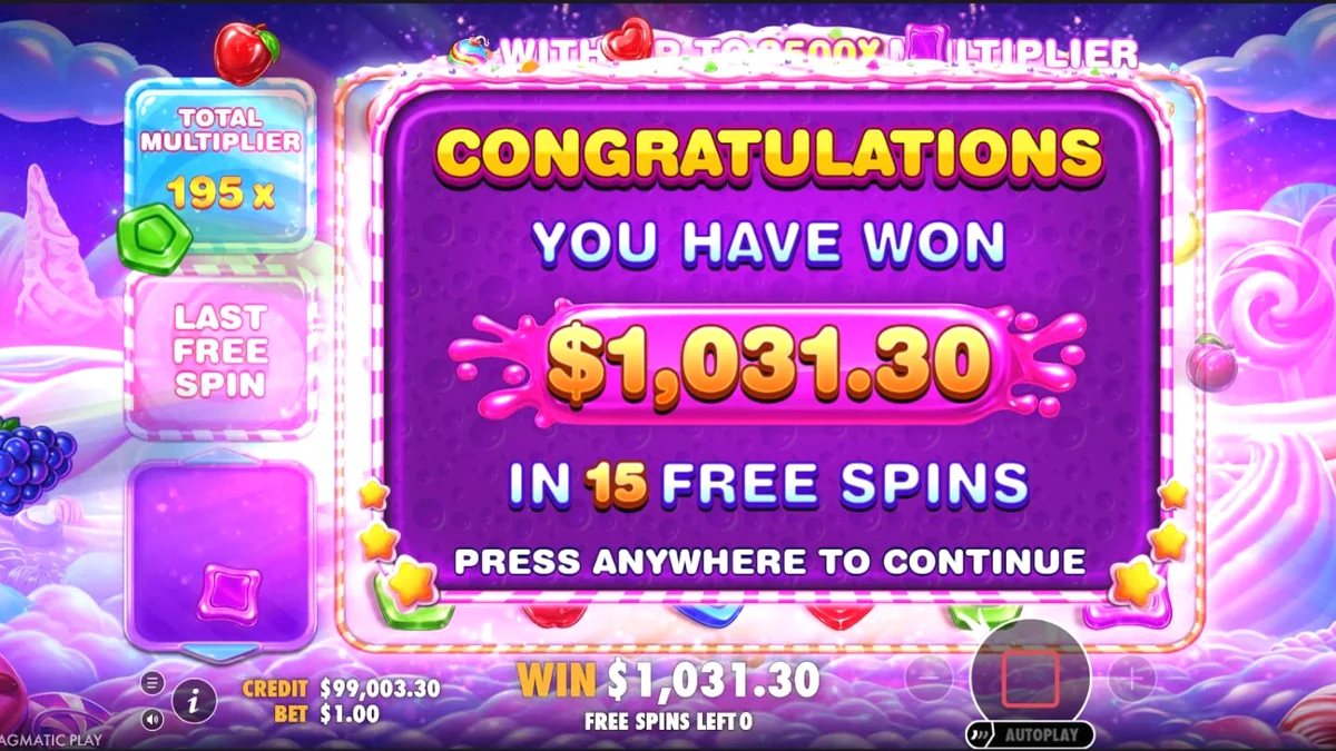 Tampilan visual penuh warna dari slot Sweet Bonanza 2500 dengan simbol permen dan buah-buahan.