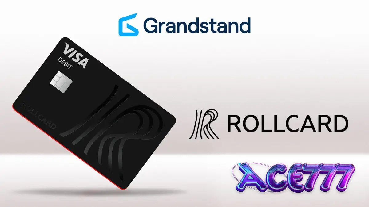 Kartu debit Rollcard dengan latar belakang kasino yang elegan